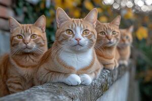 Ginger cats posing on a blue ledge photo