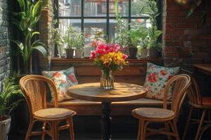 Cozy cafe interior with flowers on table by windowsill with sunlight streaming through photo