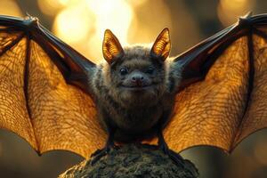Brown bat showing large wings while sitting on a rock photo