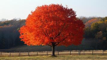 Bright red maple tree standing in a field in autumn photo