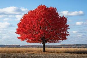 Bright red maple tree standing in a field in autumn photo