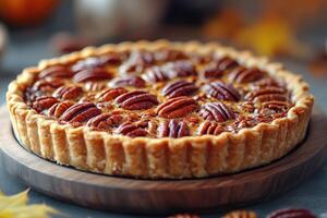Delicious pecan pie resting on wooden plate photo
