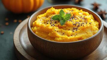 Steaming bowl of pumpkin puree garnished with thyme on rustic wooden table photo