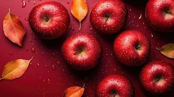 Red apples with water drops lying on red background with autumn leaves photo