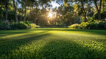Lush green grass growing in a tranquil garden setting photo
