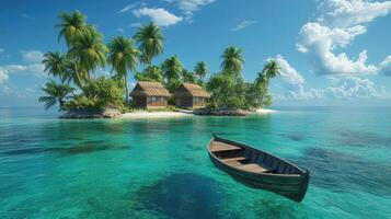 Small wooden boat floating in ocean near tropical island with bungalow photo