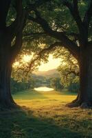 Golden sun shining through trees in green meadow photo