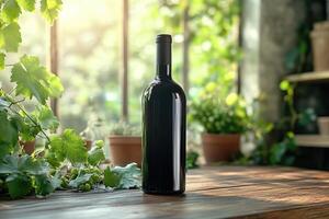 Bottle of red wine standing on wooden table with grapes in rustic setting photo