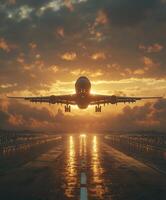 Passenger airplane landing at sunset on the runway of an airport photo