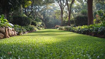 Lush green grass growing in a tranquil garden setting photo
