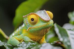 Veiled chameleon resting on a branch in the rainforest photo