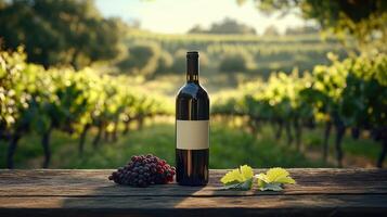 Bottle of red wine standing on wooden table with grapes in rustic setting photo