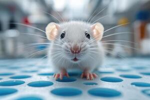 Laboratory rat is sitting on a laboratory countertop photo