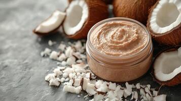 Jar of sugar scrub surrounded by coconut pieces on gray surface photo