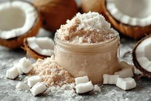 Jar of homemade organic coconut scrub surrounded by freshly shredded coconut photo