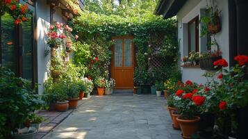Beautiful backyard garden is flourishing during the summertime photo