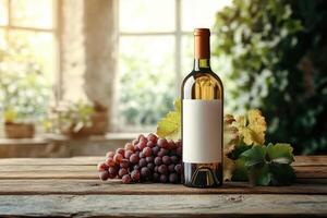Bottle of white wine standing on wooden table with grapes and vine photo