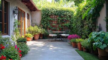 Beautiful backyard garden is flourishing during the summertime photo