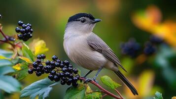 Cute bird perched on branch with berries enjoying autumn colors photo