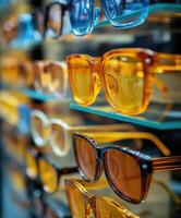 Rows of stylish eyeglasses in optics store displaying fashion and eye care trends photo