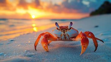 Red crab walking on the beach at sunset photo