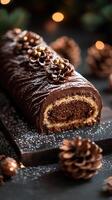 Chocolate yule log cake covered in chocolate frosting being dusted with powdered sugar photo