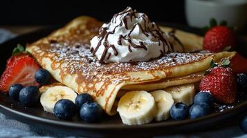 Delicious homemade crepes filled with banana and topped with strawberries, blueberries and whipped cream photo