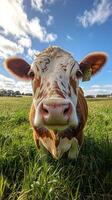 Young cow standing on grass in a field at sunset photo