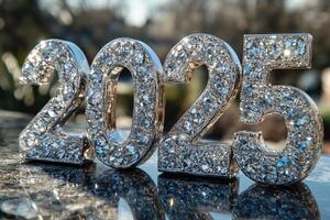 2025 sparkling with blue and yellow lights reflecting on dark background photo