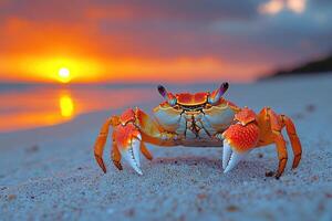 Red crab walking on the beach at sunset photo