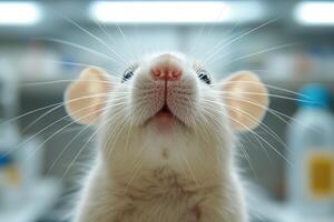 Laboratory rat is sitting on a laboratory countertop photo