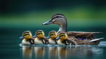 Mother duck swimming with ducklings on her back at golden hour photo