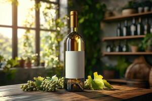 Bottle of white wine resting on wooden table in vineyard setting photo