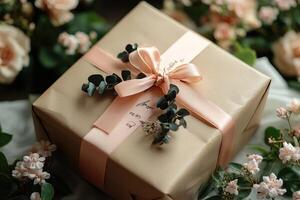 Elegant present wrapped with a pink ribbon lying on a table photo