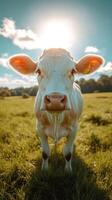 Young cow standing on grass in a field at sunset photo