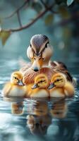 Mother duck swimming with ducklings on lake photo