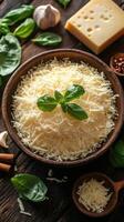 Grated parmesan cheese sitting in a wooden bowl on rustic kitchen table photo