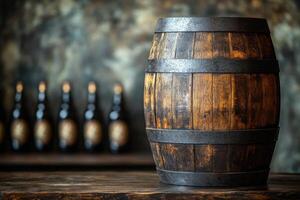 Old wooden barrel standing on a table in a cellar with bottles in the background photo
