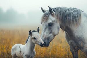 Mare and foal sharing a tender moment in sunset light photo
