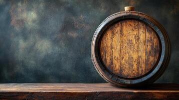 Old wooden barrel sitting on a rustic table in a cellar photo