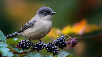 Cute bird perched on branch with berries enjoying autumn colors photo