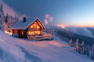Wooden cabin covered by fresh snow with fireworks exploding over a forest during a winter night photo