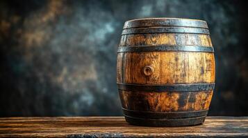 Old wooden barrel sitting on a rustic table in a cellar photo