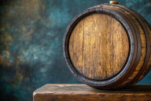 Old wooden barrel standing on a table in a cellar with bottles in the background photo