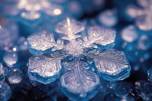 Macro photo of a snowflake resting on snow with a blue background