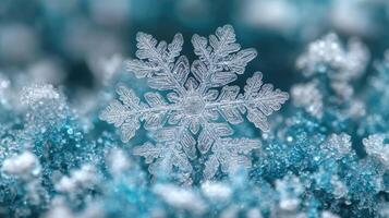 Macro photo of sparkling snowflake resting on frozen surface