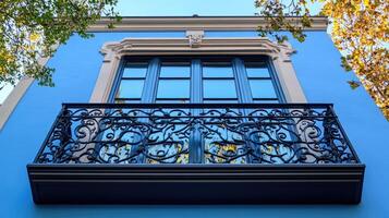 Windows reflecting autumn trees on building facade photo