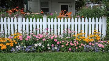 White picket fence surrounding colorful flower garden in summertime photo