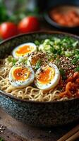 Steaming bowl of ramen noodles garnished with soft boiled eggs and peppers photo