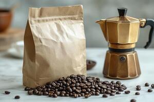 Coffee beans spilling from a sack next to a moka pot in a modern kitchen photo